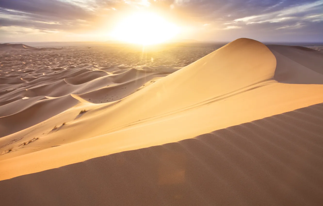 Photo wallpaper the sun, clouds, desert, dunes, Sands, Morocco, Er Rachidia, Merzouga