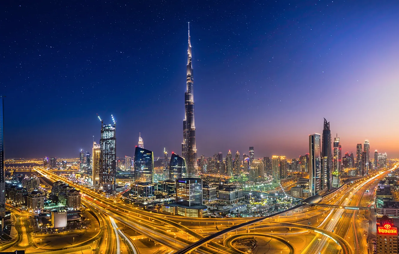 Photo wallpaper the city, lights, the evening, Dubai, Dubai, UAE, Burj Khalifa