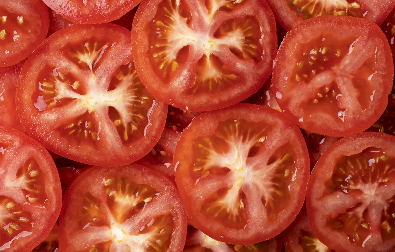 Photo wallpaper macro, tomatoes, a lot, slices, cutting