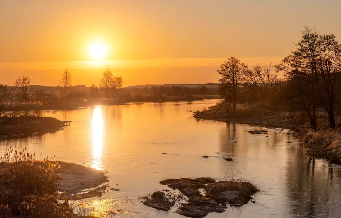 Photo wallpaper sunset, nature, river