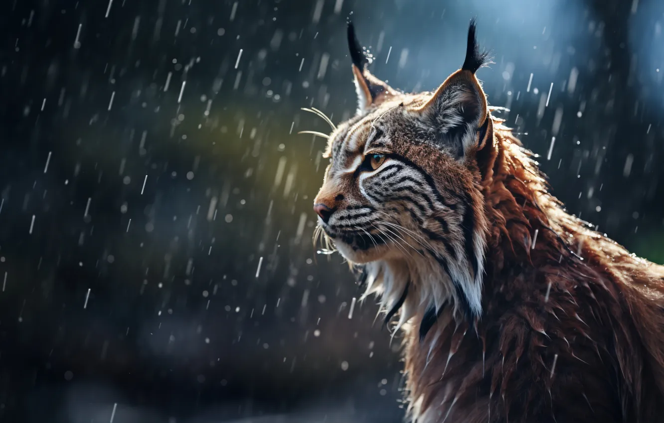 Photo wallpaper rain, wet, predator, head, lynx, side, big cat, digital art