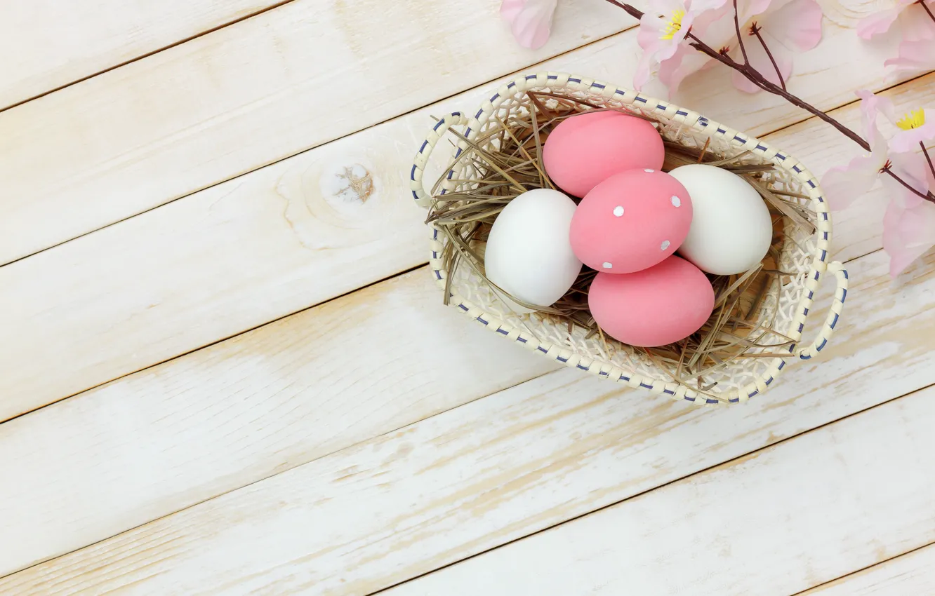 Photo wallpaper flowers, eggs, spring, Easter, pink, wood, pink, blossom
