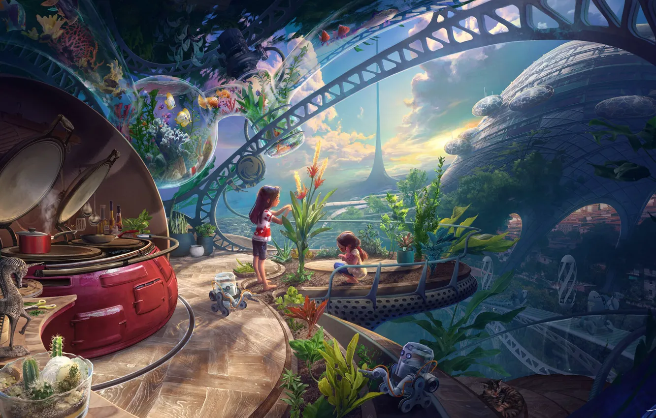 Photo wallpaper children, home, 40 years in the future, environmental damage, Inner child