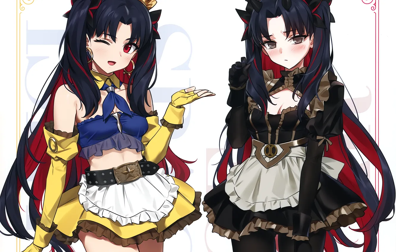 Photo wallpaper sexy, cleavage, blouse, horns, long hair, dress, girls, brown eyes