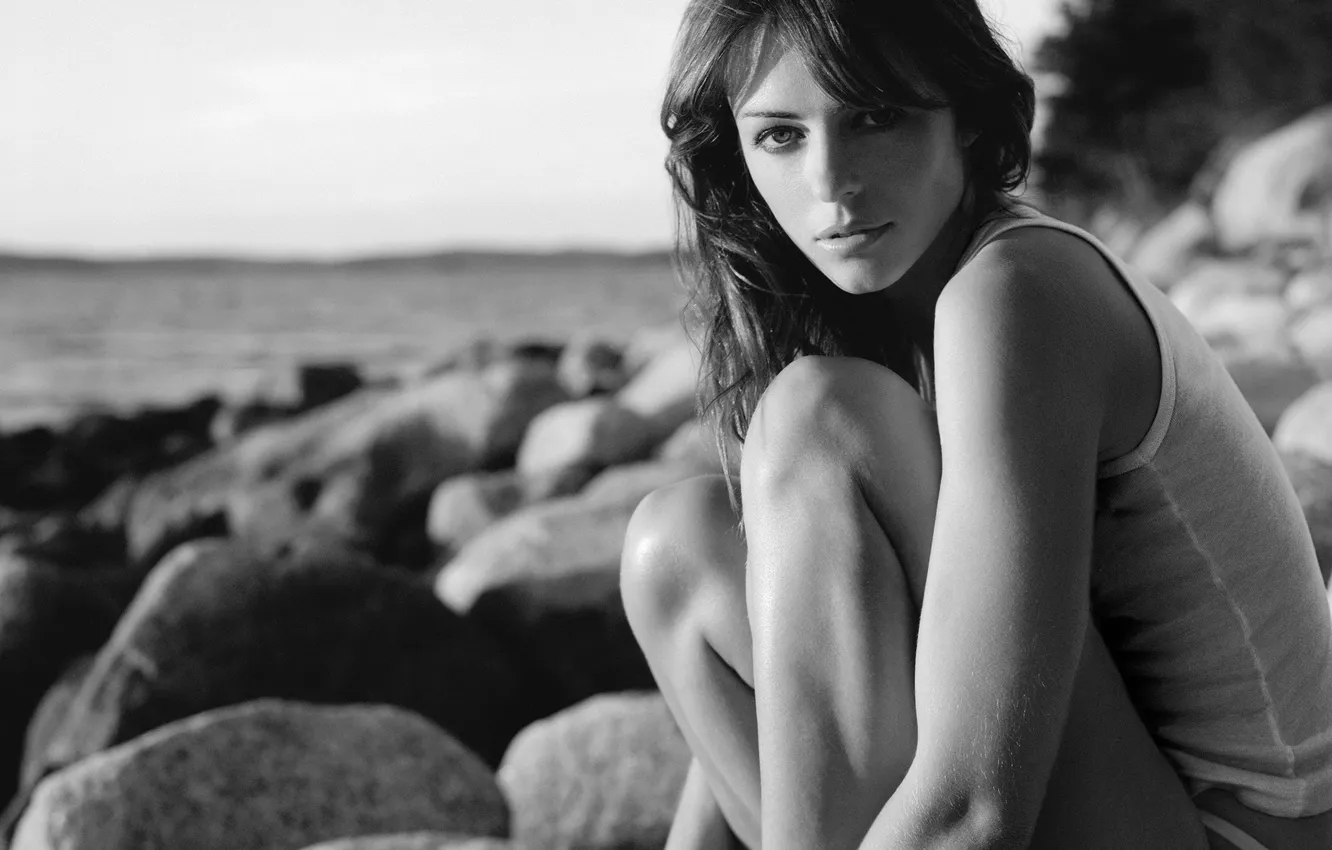 Photo wallpaper sea, girl, stones, background, actress, black and white