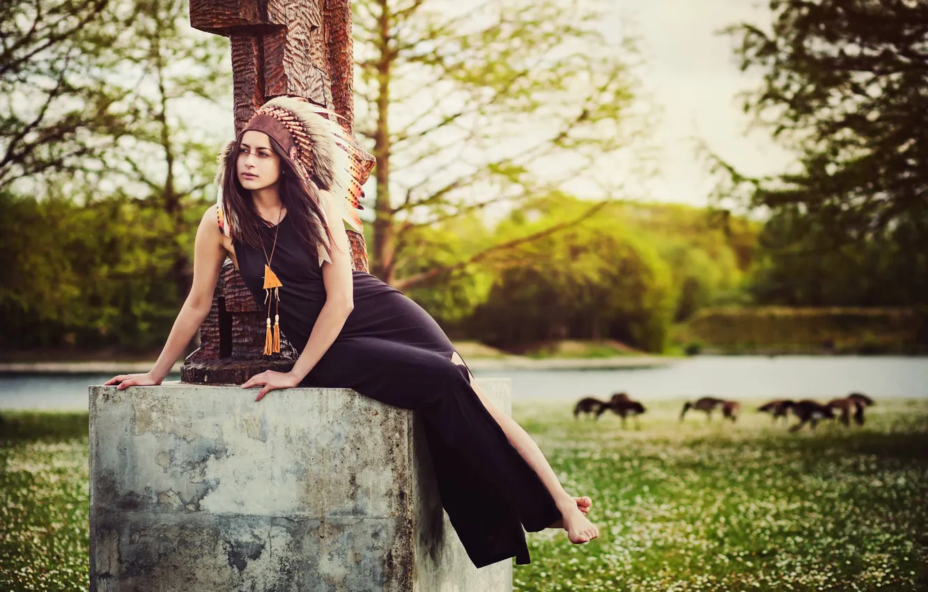 Photo wallpaper girl, nature, face, feathers, headdress