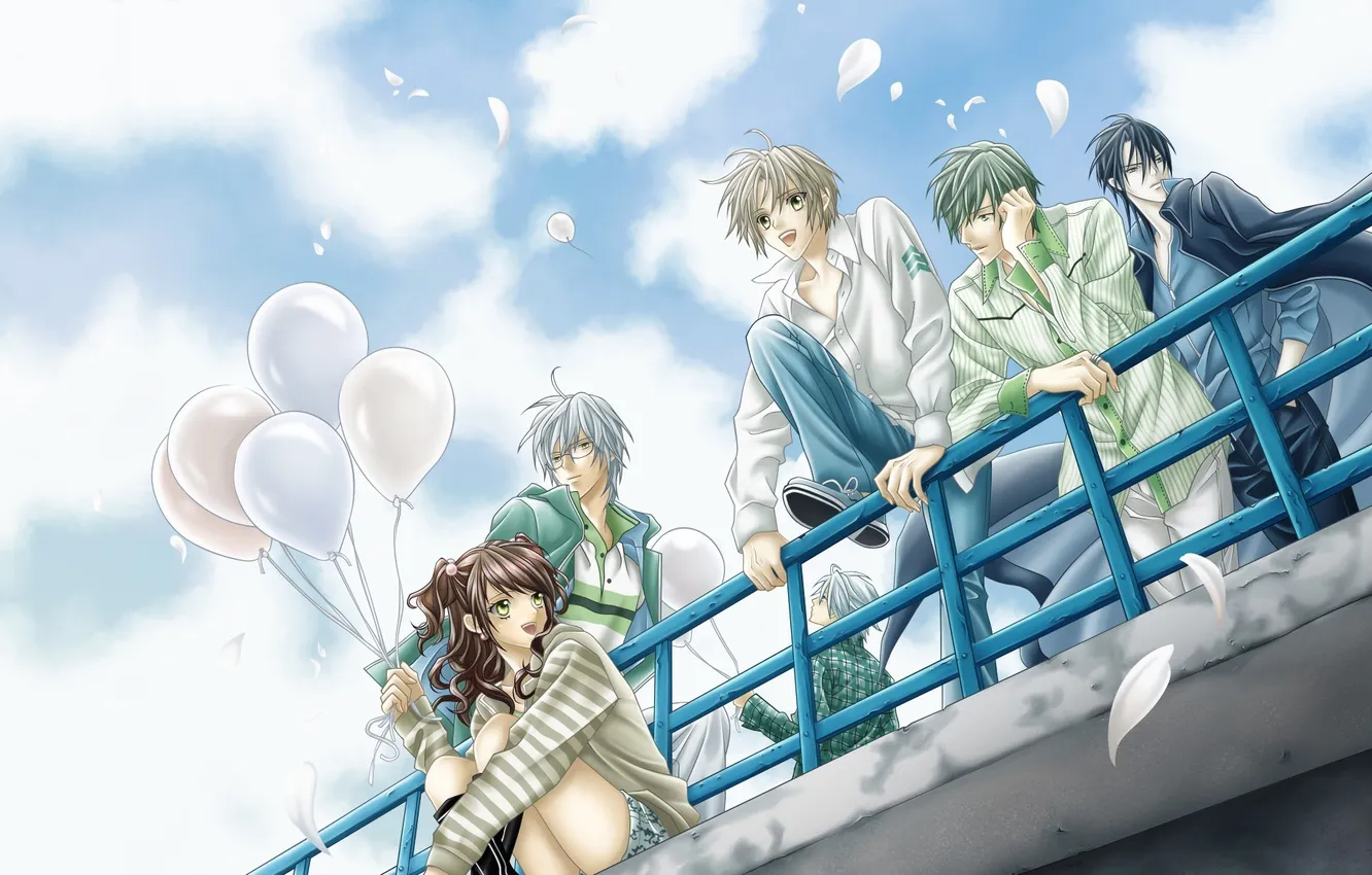 Photo wallpaper girl, balls, bridge, balloons, the wind, petals, guy, Betrayal Knows My Name