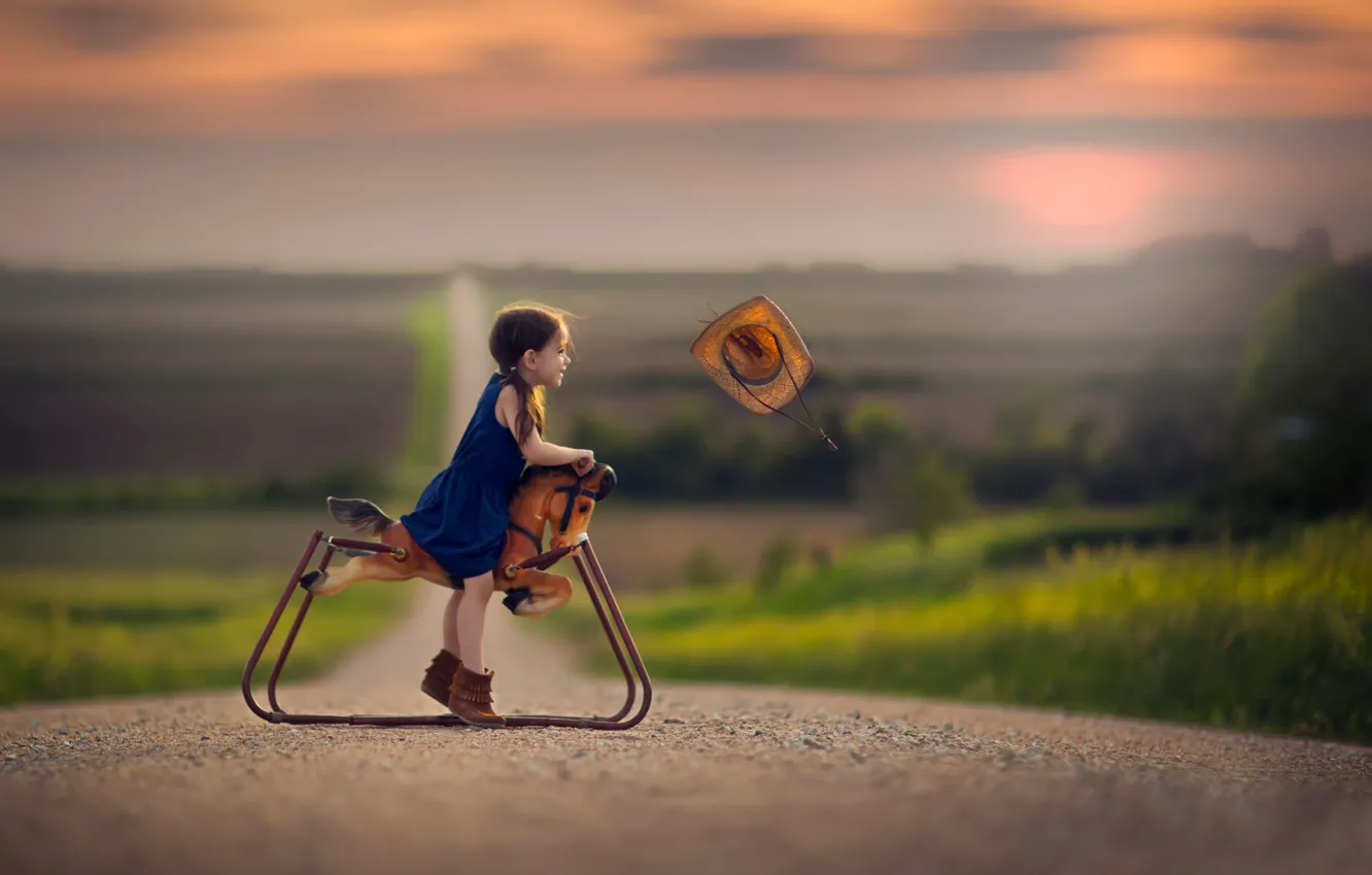 Photo wallpaper road, the wind, toy, hat, space, girl, horse