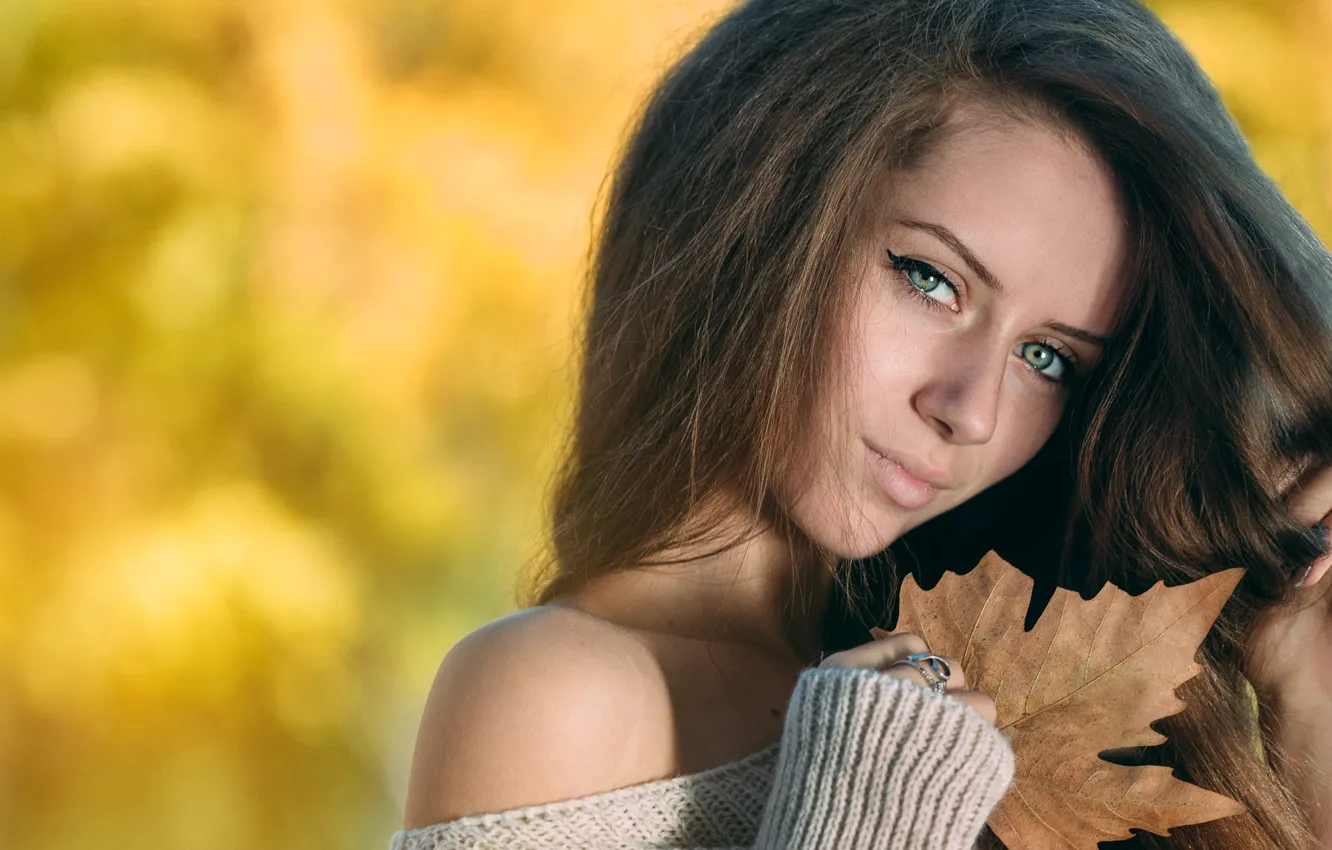 Photo wallpaper autumn, look, leaves, girl, portrait, yellow background, bokeh