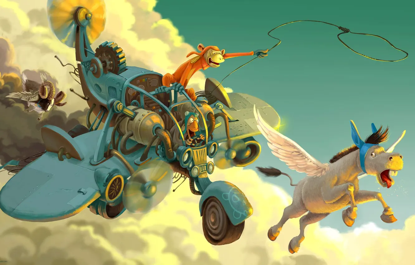 Photo wallpaper clouds, flight, monkey, camera, Donky and Koontz