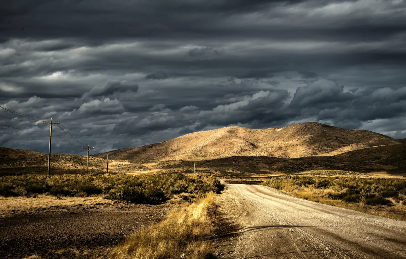 Photo wallpaper road, the sky, mountains, power lines