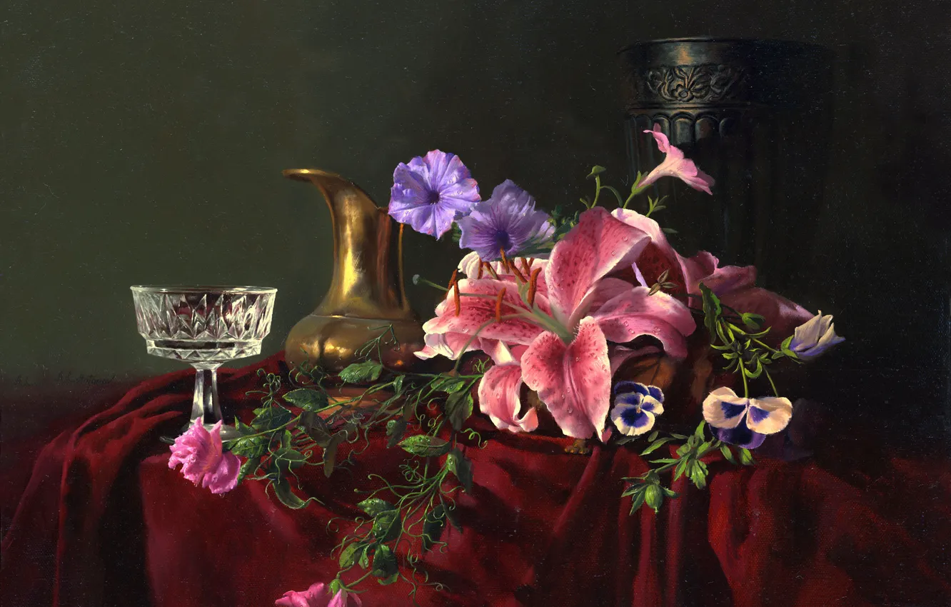 Photo wallpaper flowers, table, Lily, glass, picture, crystal, fabric, vase