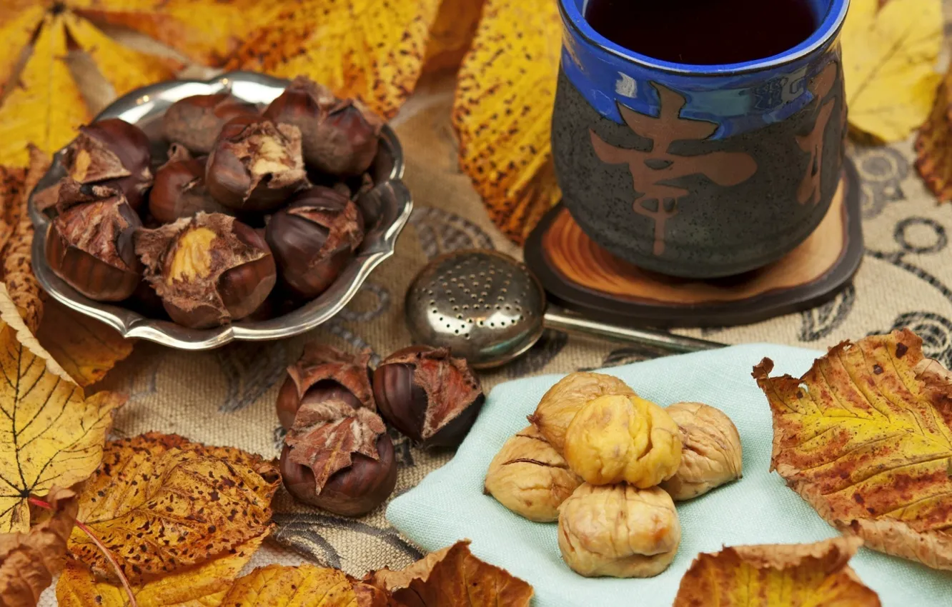 Photo wallpaper autumn, leaves, tea, characters, chestnuts, strainer