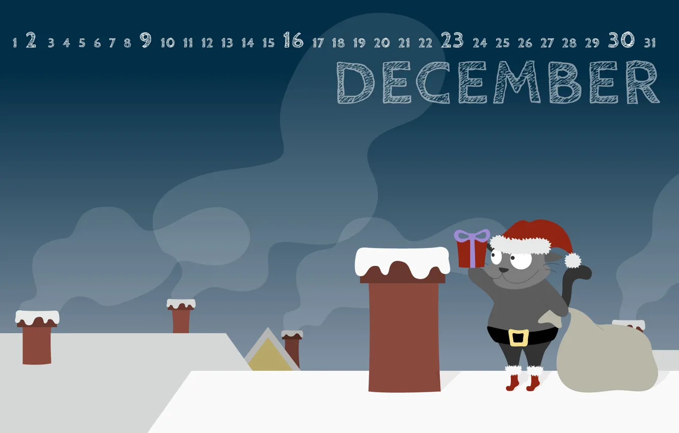 Photo wallpaper winter, roof, cat, gift, new year, pipe, Christmas, calendar