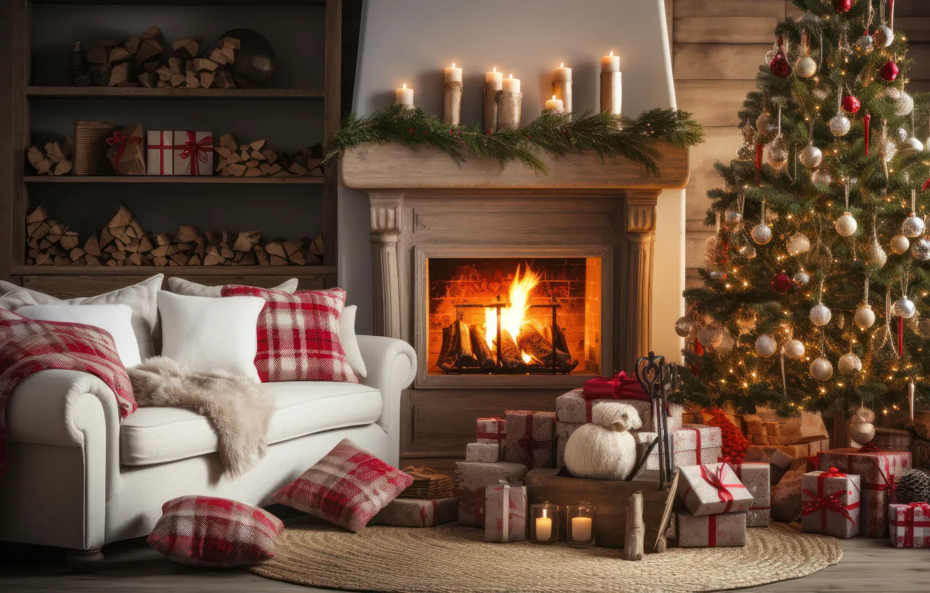 Photo wallpaper lights, comfort, heat, room, flame, furniture, new year, home