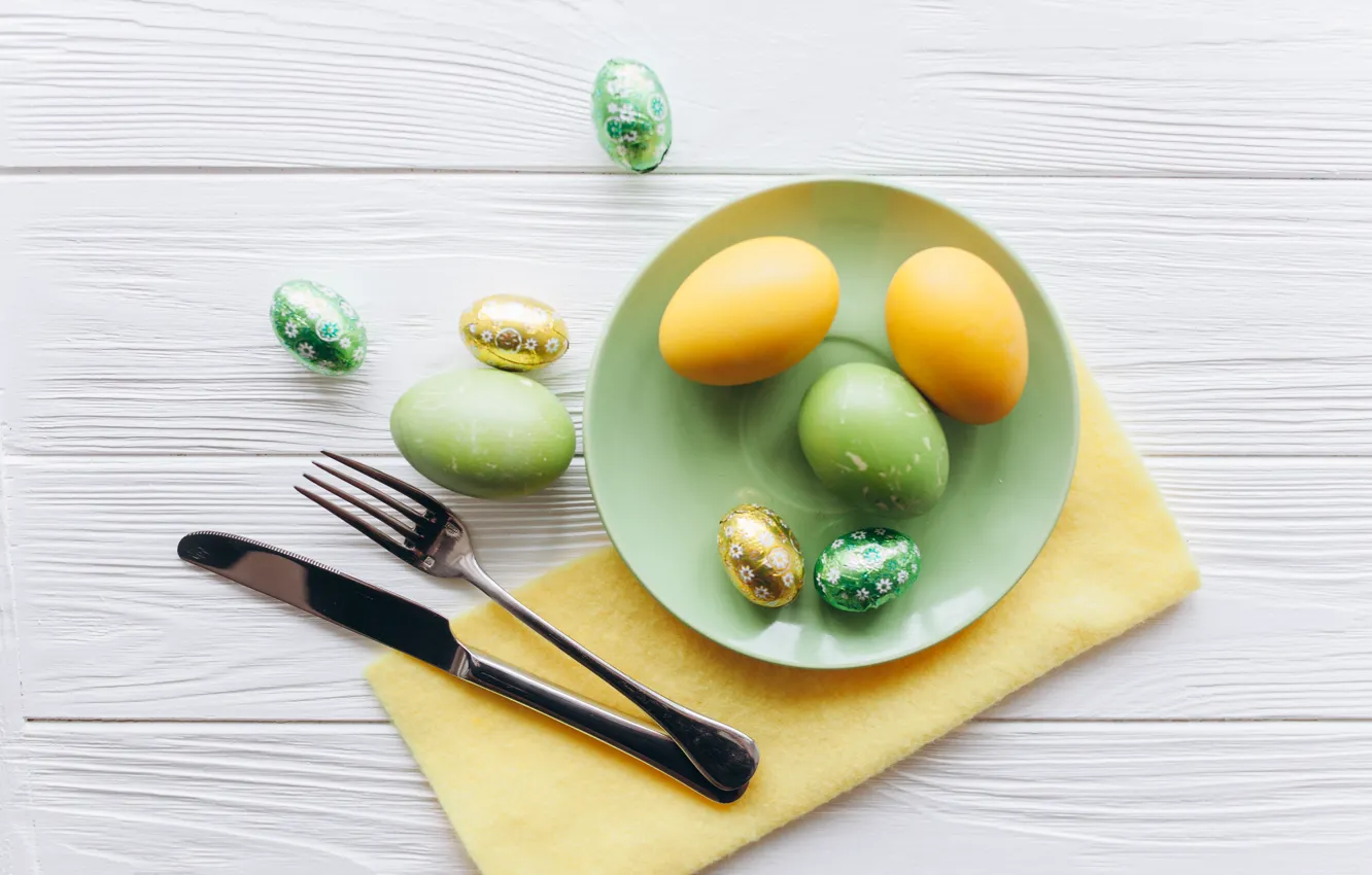 Photo wallpaper eggs, plate, Easter, Holiday, Cutlery