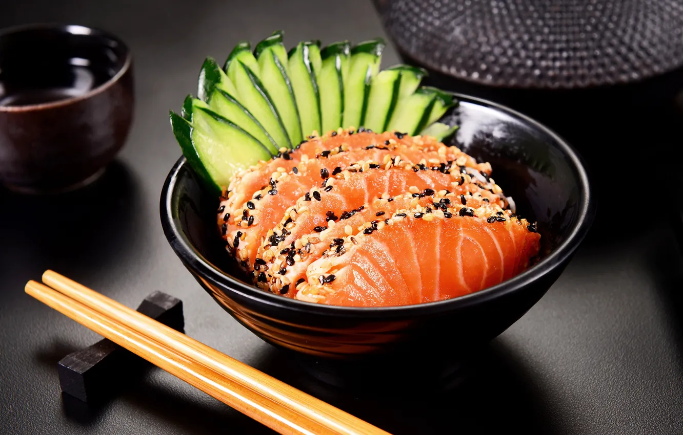 Photo wallpaper shadow, fish, sticks, plate, cucumbers, seafood