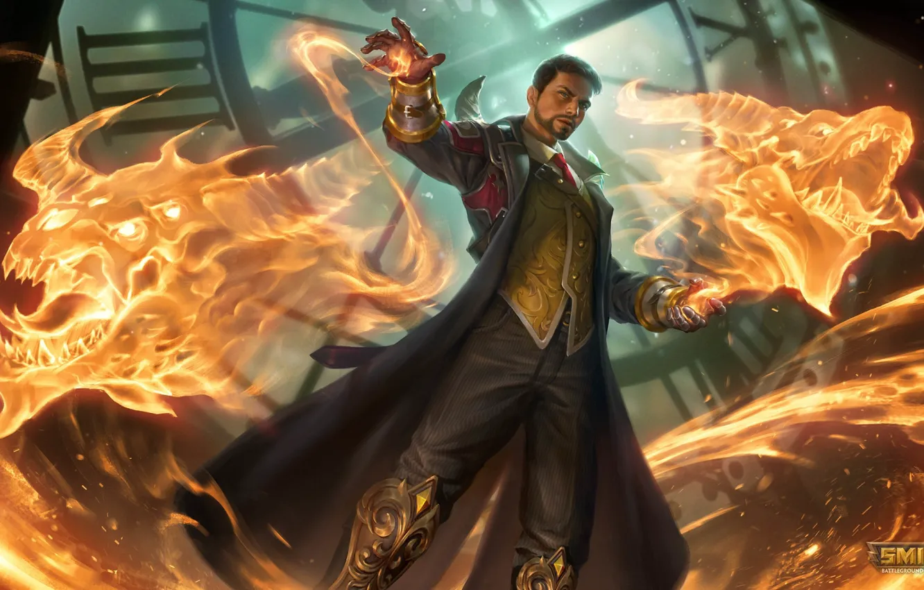 Photo wallpaper lights, magic, dragon, MAG, guy, Merlin, Smite