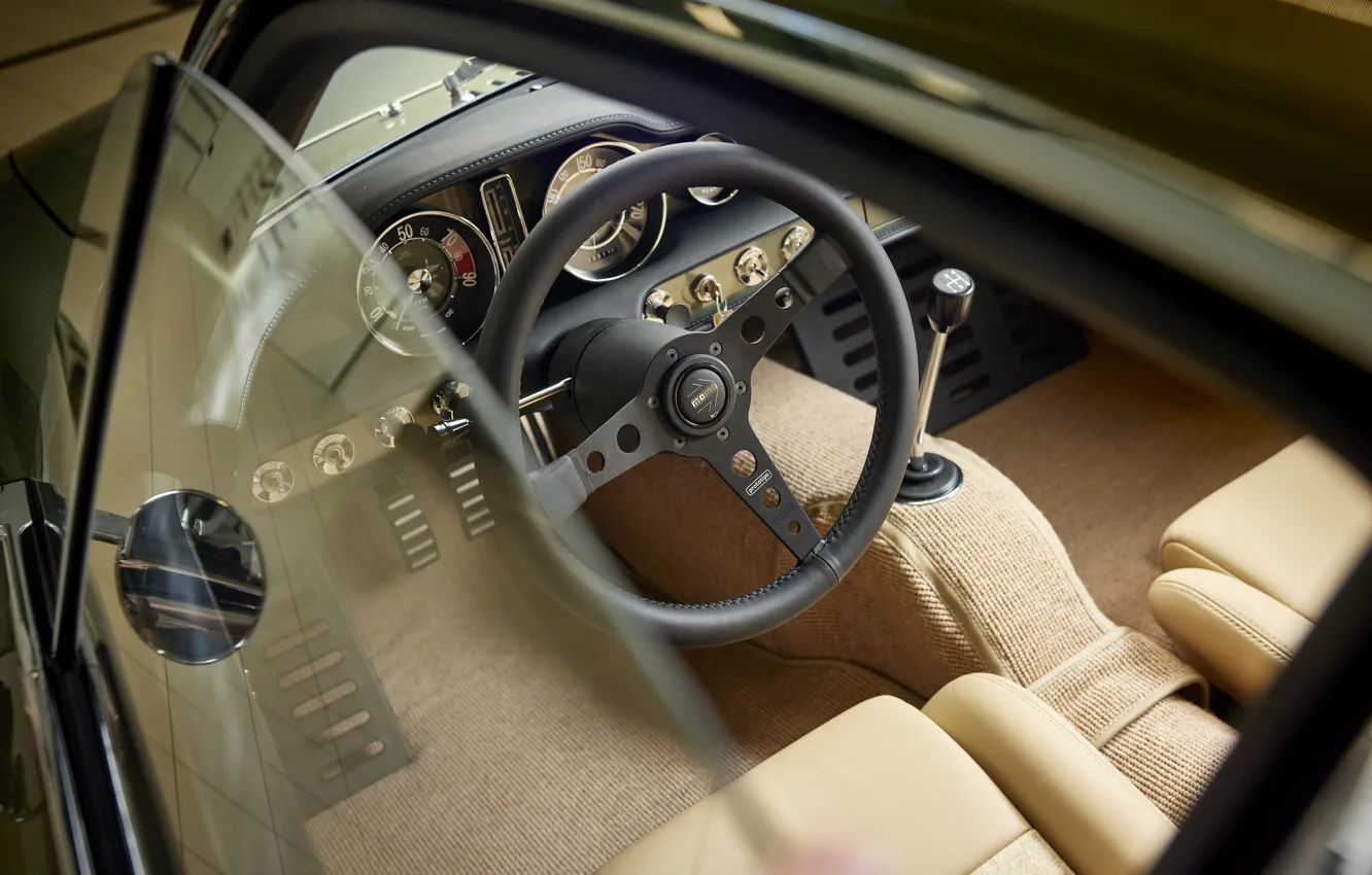Photo wallpaper Volvo, steering wheel, dashboard, P1800, 2024, Volvo P1800 Cyan GT