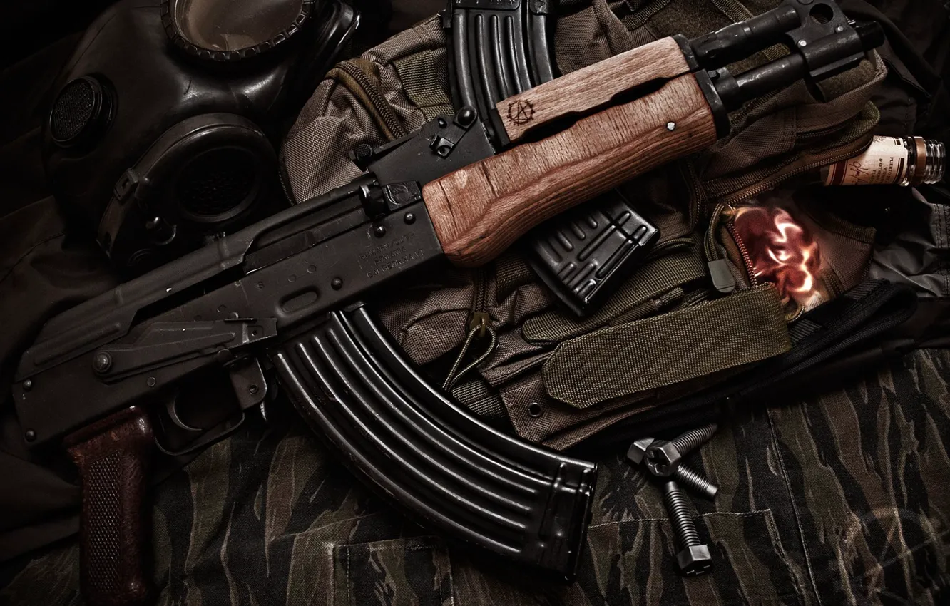Photo wallpaper bolt, gas mask, camouflage, clip, AK-74
