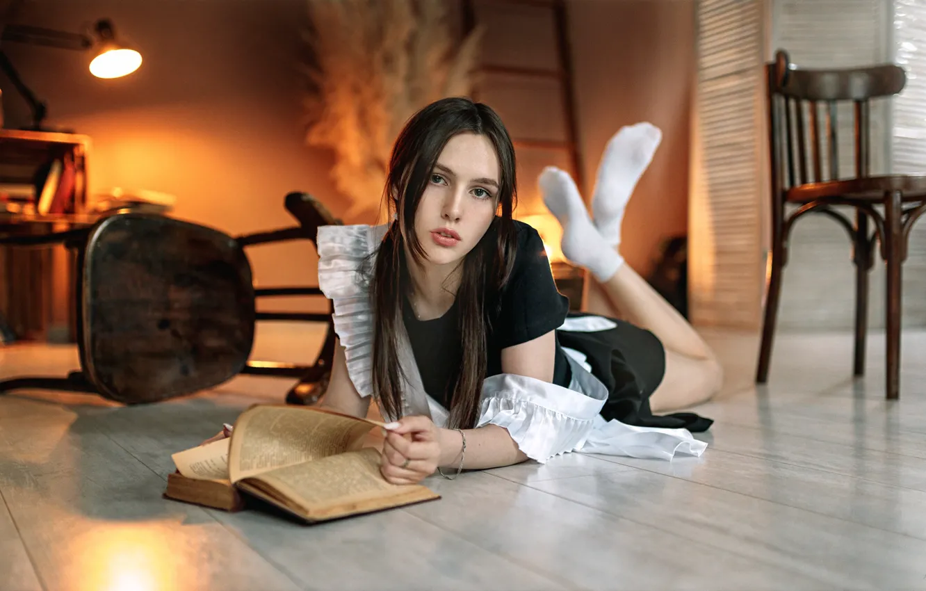 Photo wallpaper dress, lies, book, brown hair, Ulyana, Alexey Yuriev, Alexey Yuryev