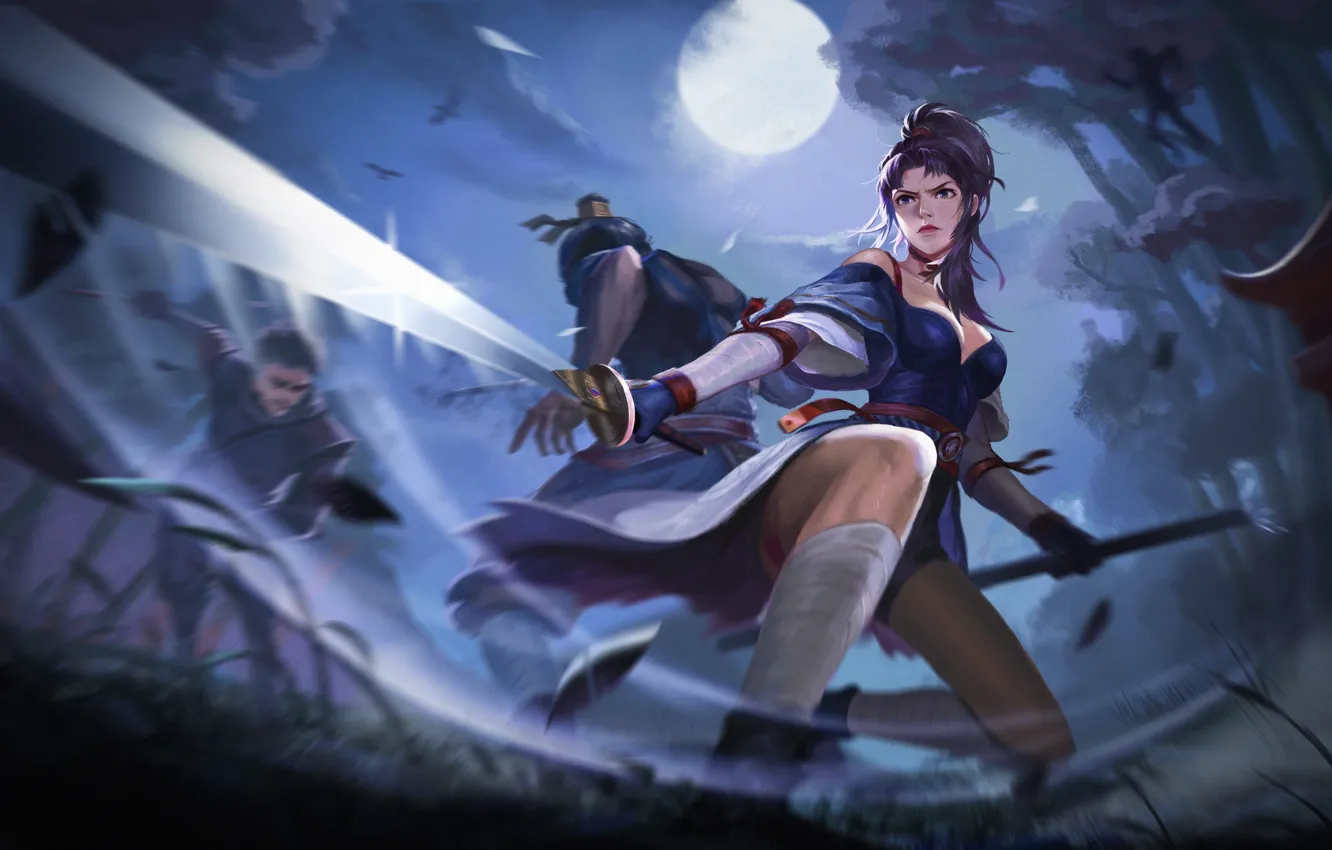 Photo wallpaper look, girl, night, pose, weapons, the moon, anime, battle