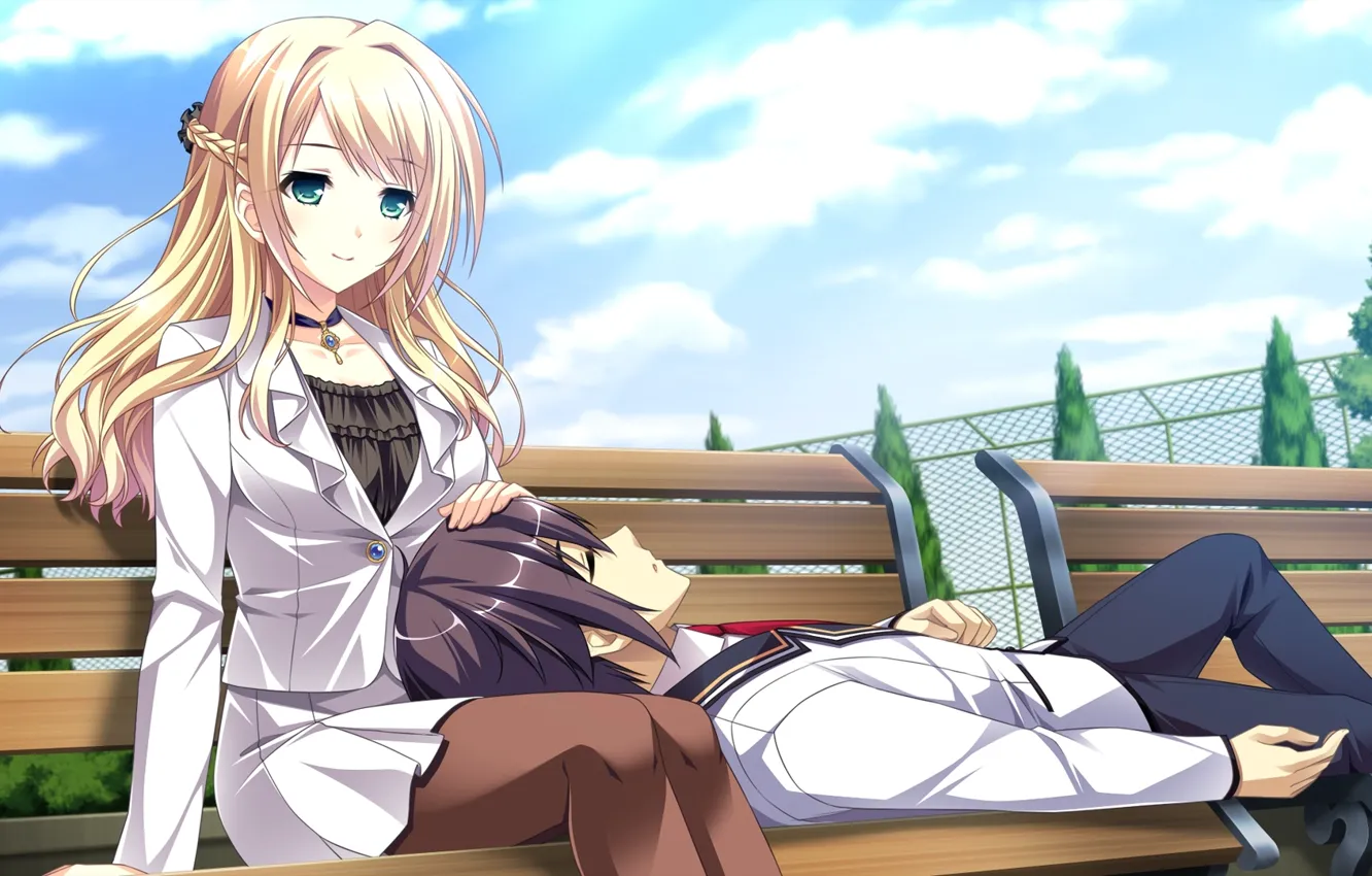Photo wallpaper trees, bench, form, two, date, students, visual novel, Mote Sugite Shuraba na Ore