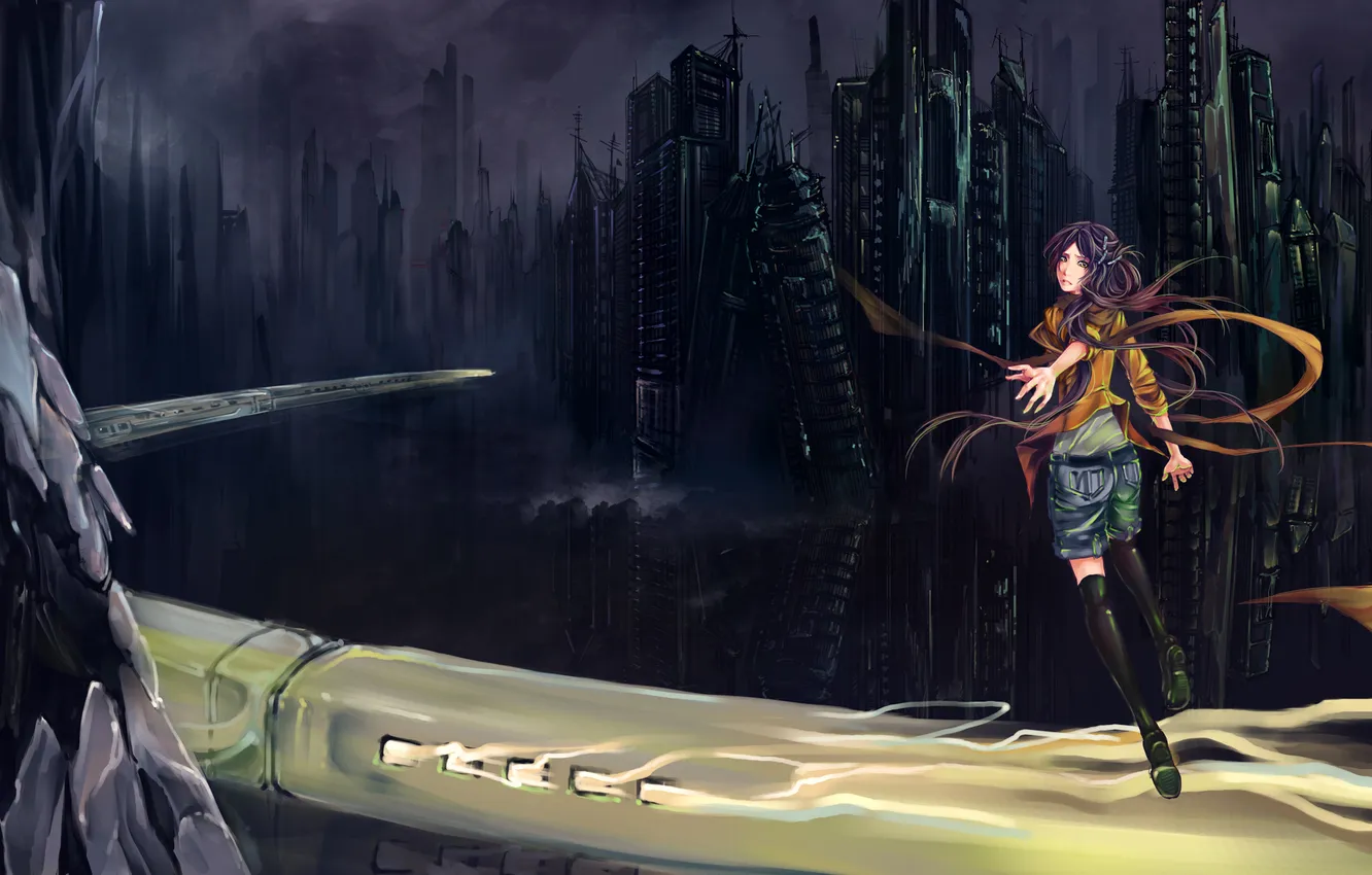 Photo wallpaper girl, the city, fiction, construction, skyscrapers, art