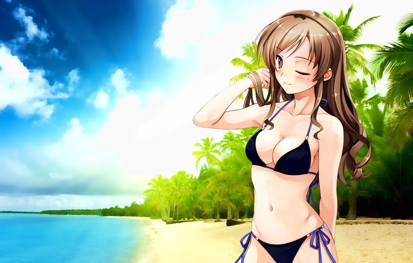 Photo wallpaper sand, beach, the sky, girl, the ocean, shore, bikini, nakano hinata