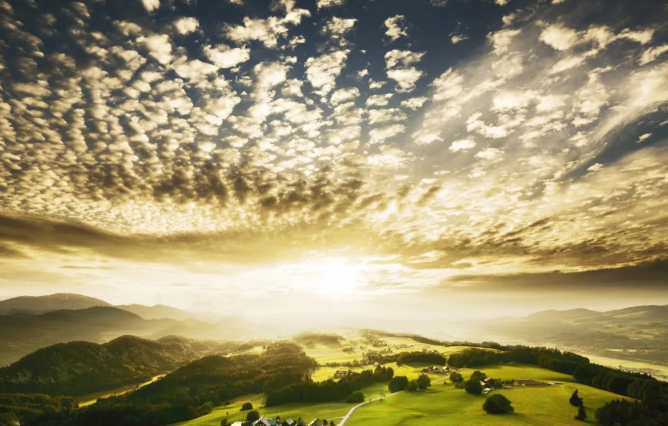 Photo wallpaper forest, the sky, clouds, mountains, hills, village