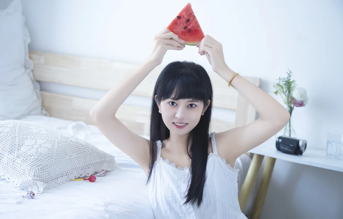 Photo wallpaper woman, smile, beautiful, model, pretty, fruit, bed, asian