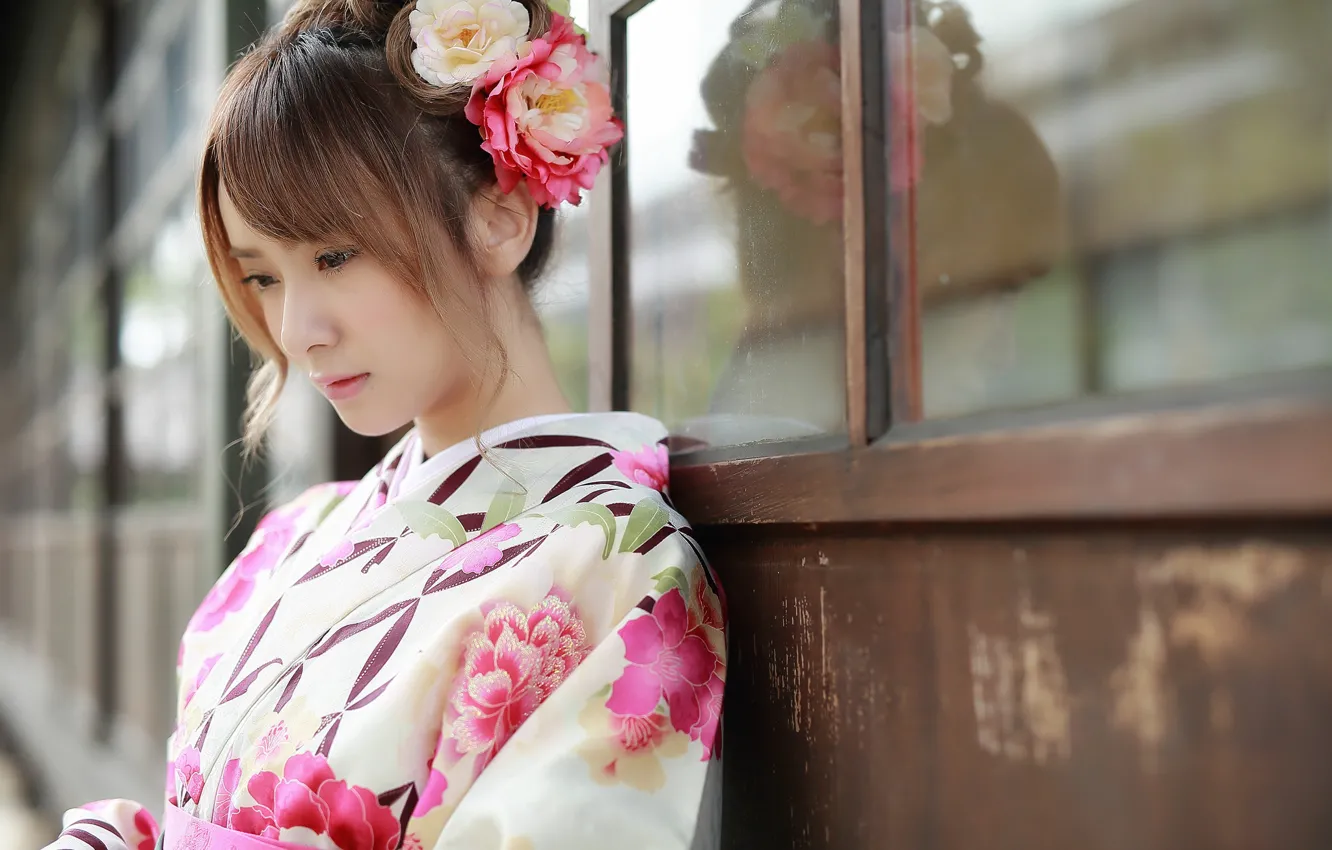 Photo wallpaper flowers, profile, kimono, East, Brode十三