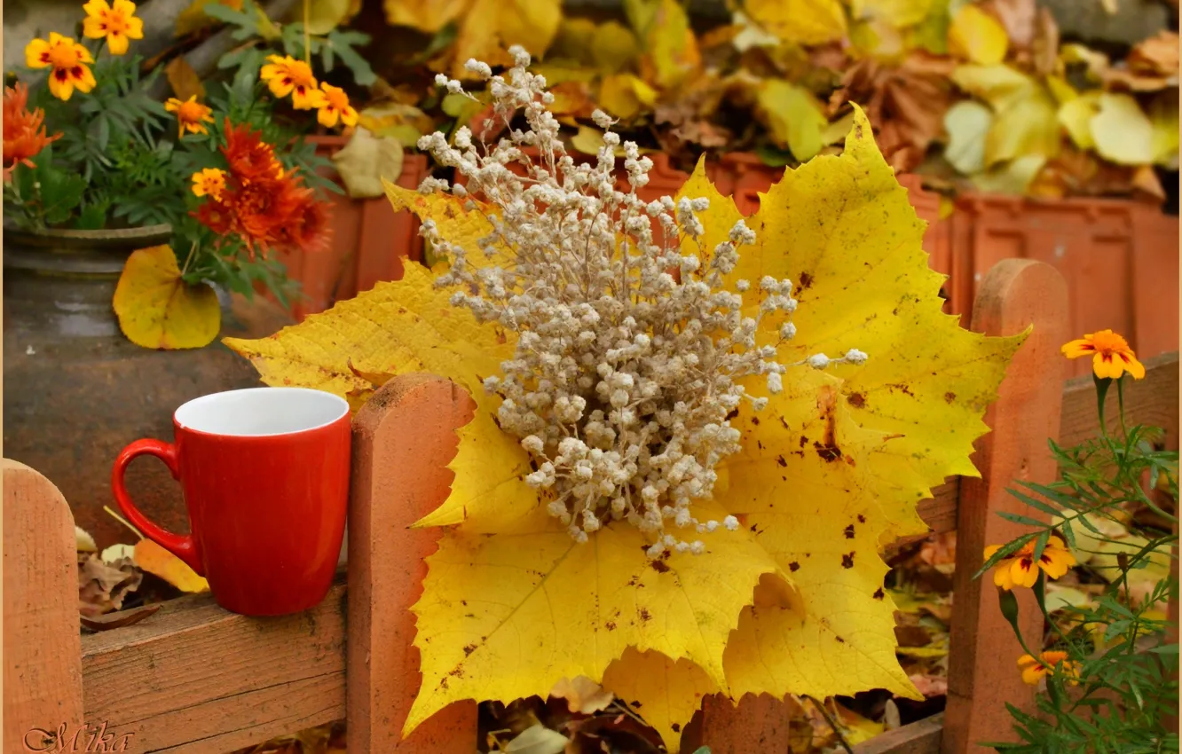 Photo wallpaper Leaves, Flowers, Cup, Pitcher