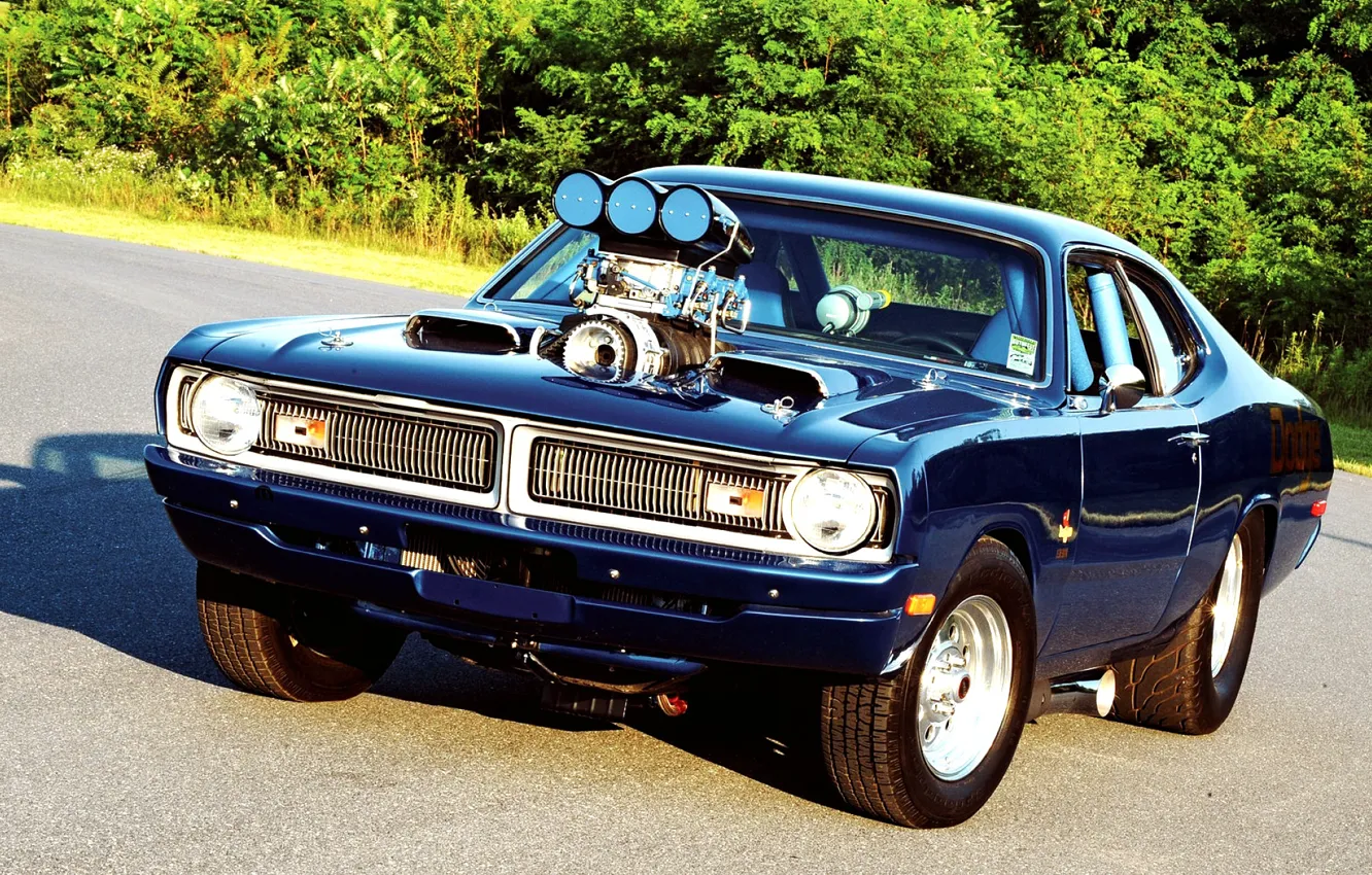 Photo wallpaper Muscle, Dodge, Blue, Engine, Demon, Drag race, Dodge Demon, Custom classic car