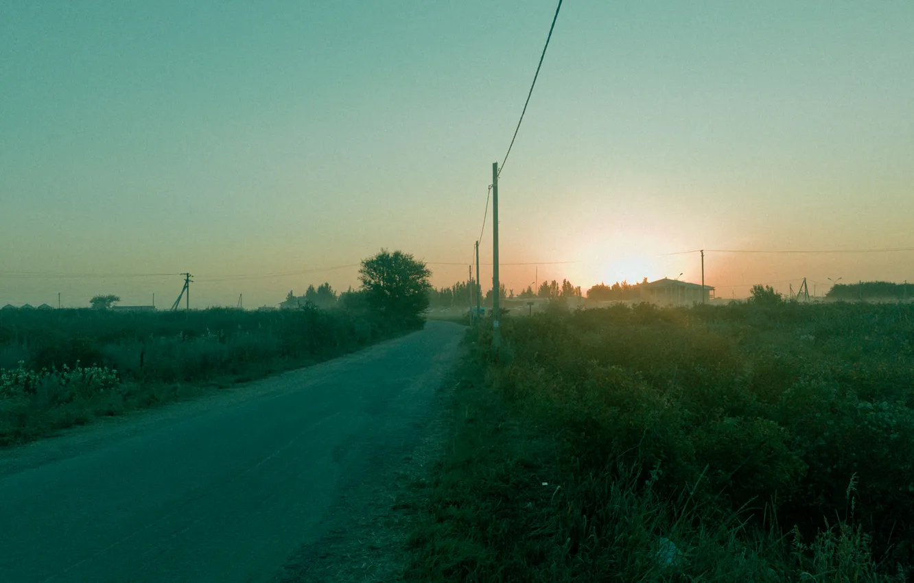 Photo wallpaper road, summer, the sky, grass, the sun, sunset, building, home