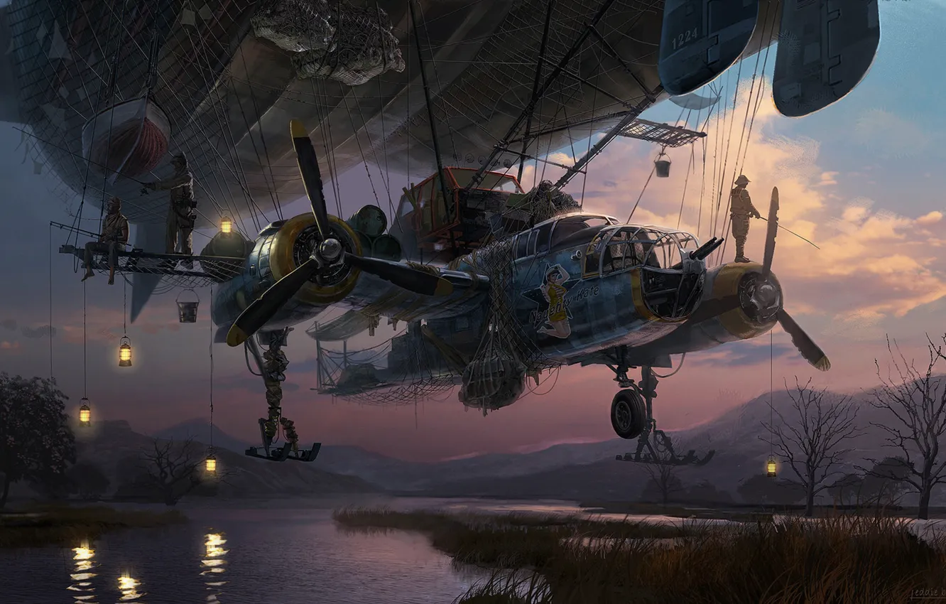 Photo wallpaper Figure, The plane, River, Ball, The airship, Art, Art, Steampunk