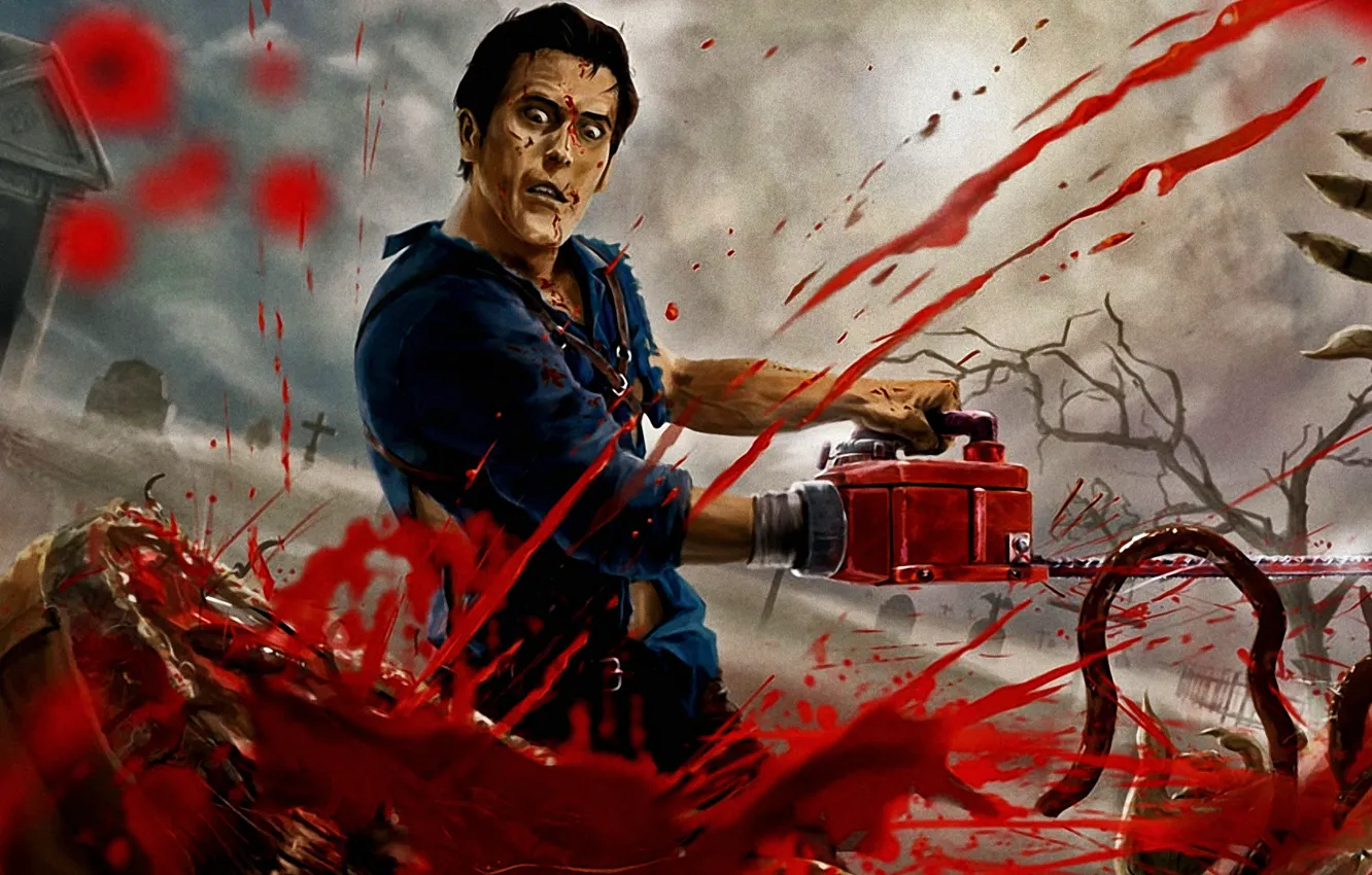 Photo wallpaper blood, ash, death, guts, chainsaw, evil dead