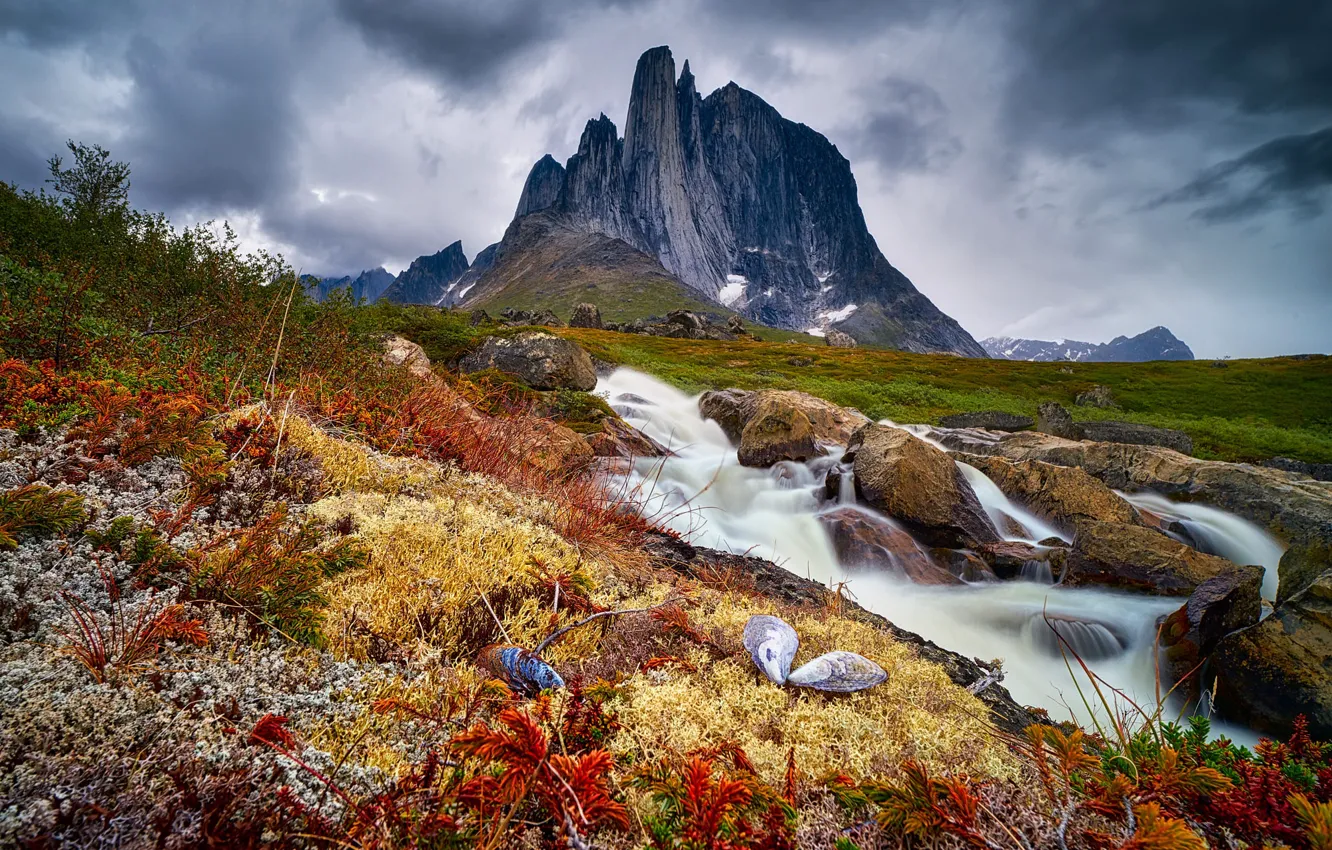 Photo wallpaper landscape, mountains, clouds, nature, stream, stones, vegetation, Greenland