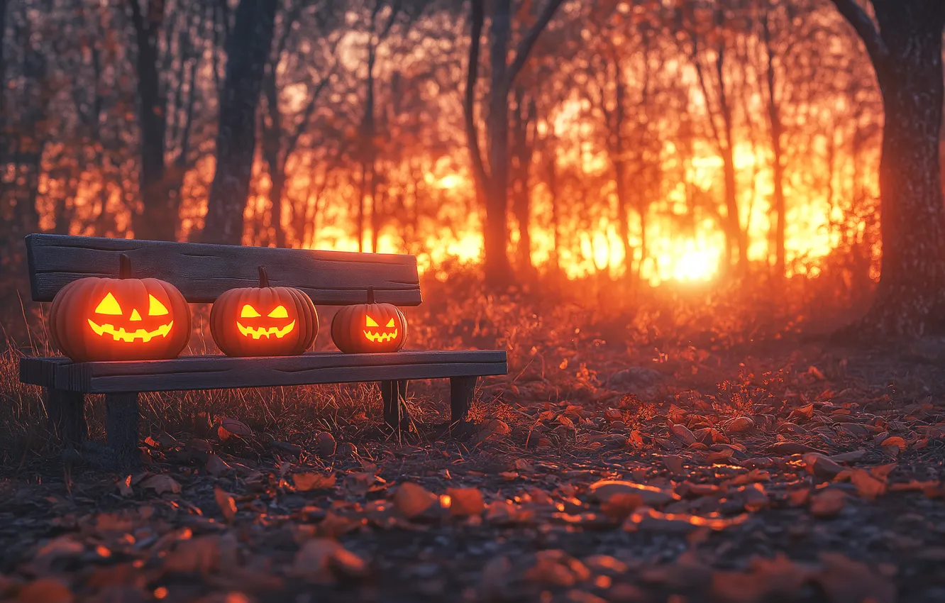 Photo wallpaper autumn, forest, the sun, trees, sunset, bench, lights, Park