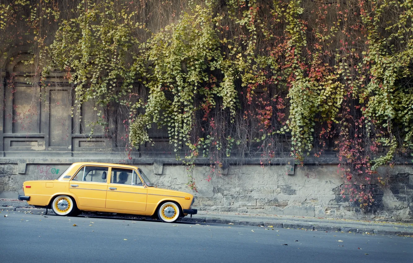 Photo wallpaper road, background, Wallpaper, Lada, yellow, vaz, Lada, 2106