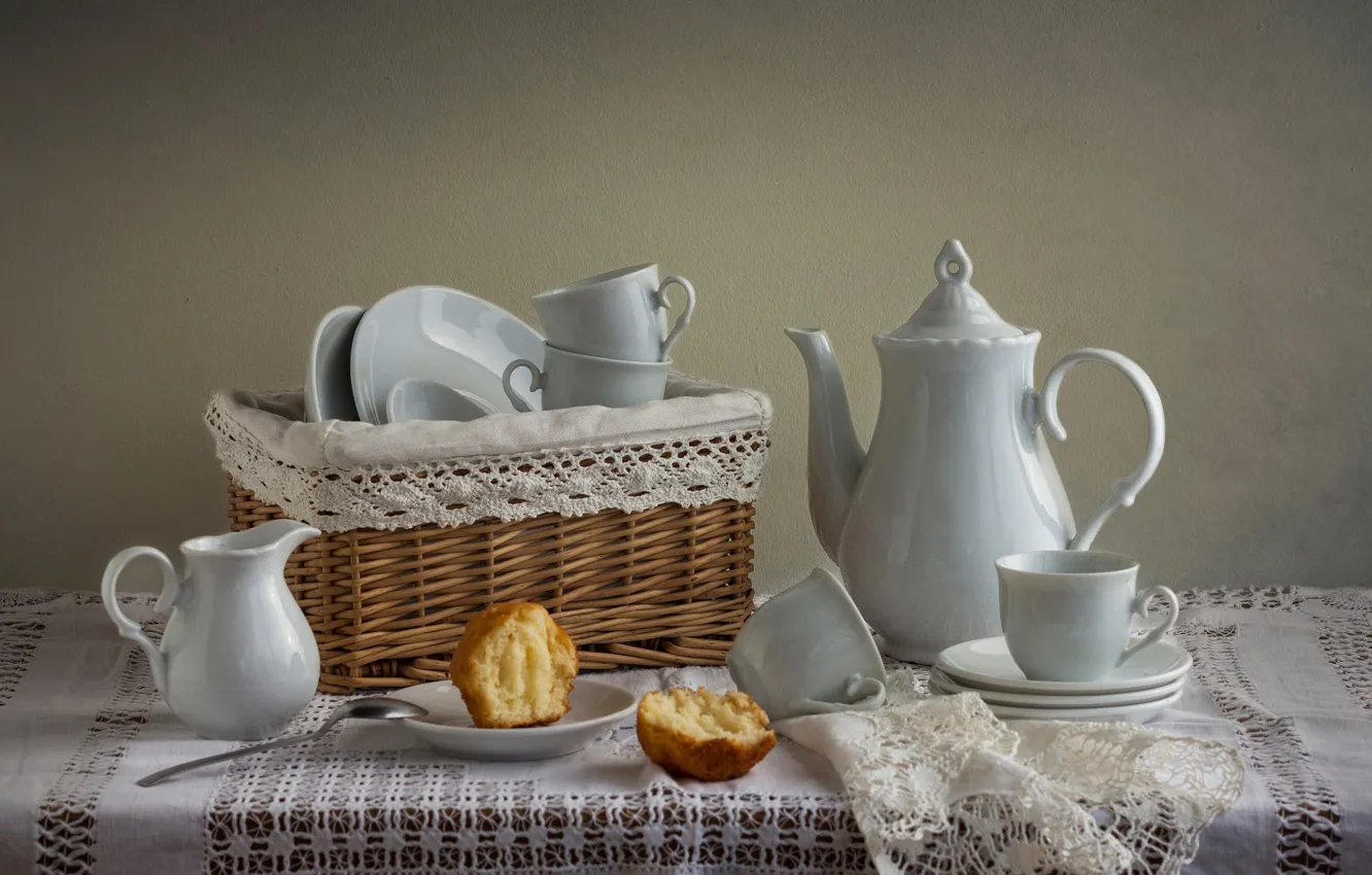 Photo wallpaper Cup, saucer, cakes, wall, spoon, kettle, basket, white