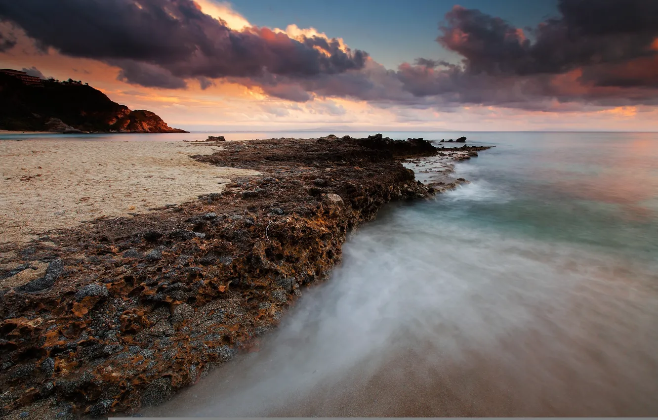 Photo wallpaper sea, stones, rocks, dawn, coast