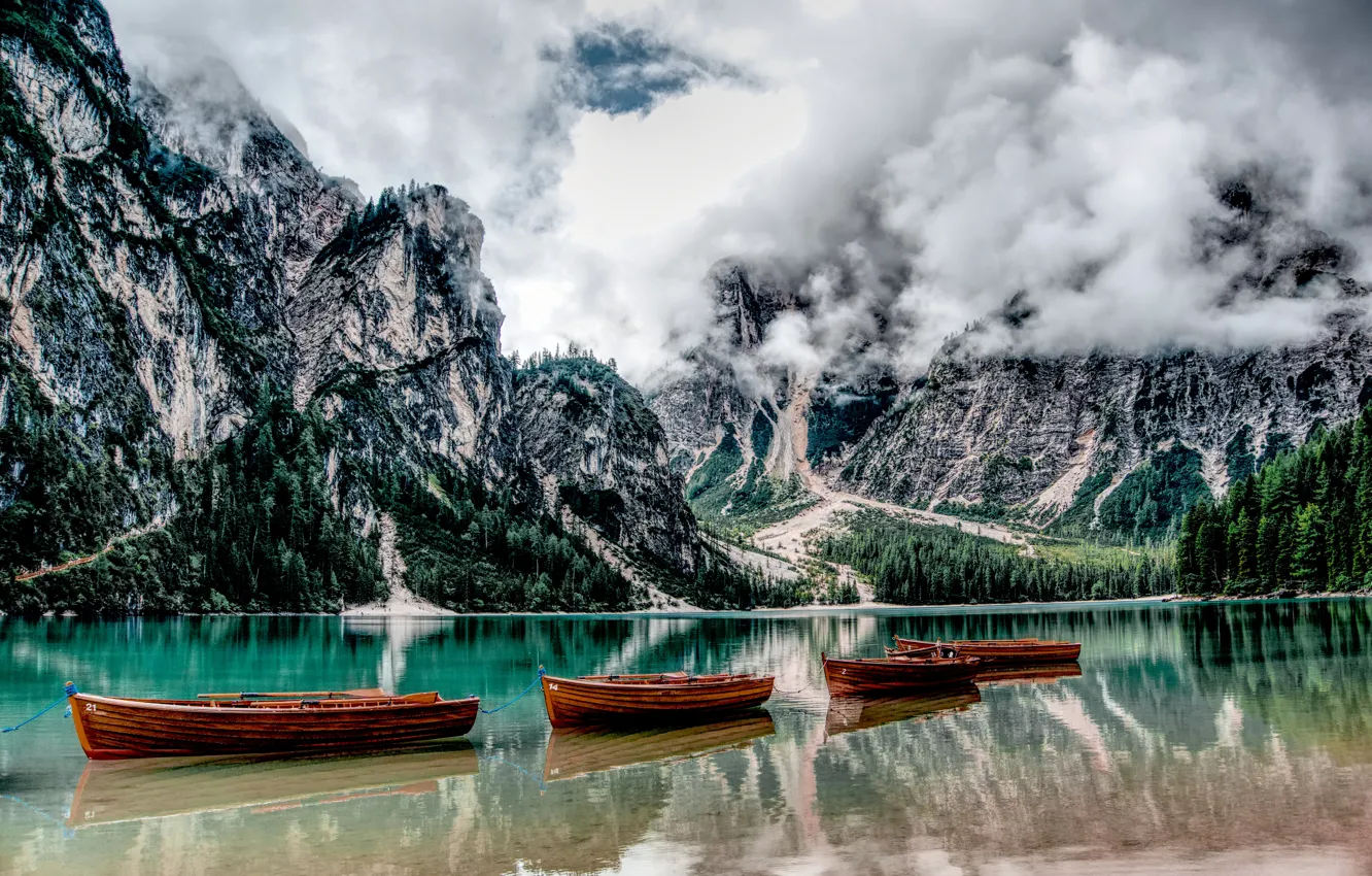 Photo wallpaper clouds, mountains, lake, boats, Italy, Italy, The Dolomites, South Tyrol