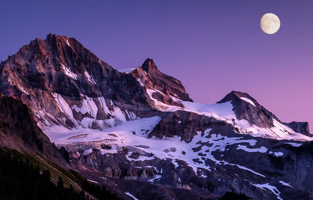 Photo wallpaper the sky, snow, mountains, nature, rocks, the moon, the evening