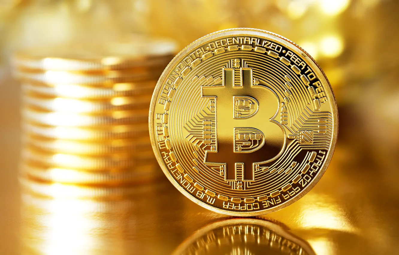 Photo wallpaper blur, logo, gold, coin, coin, bitcoin, bitcoin, btc