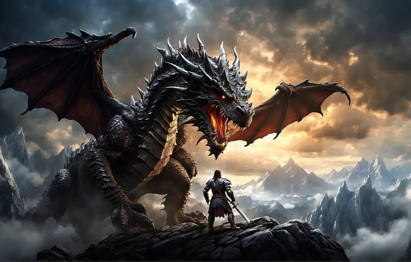 Photo wallpaper the sky, mountains, dragon, sword, armor, warrior, knight