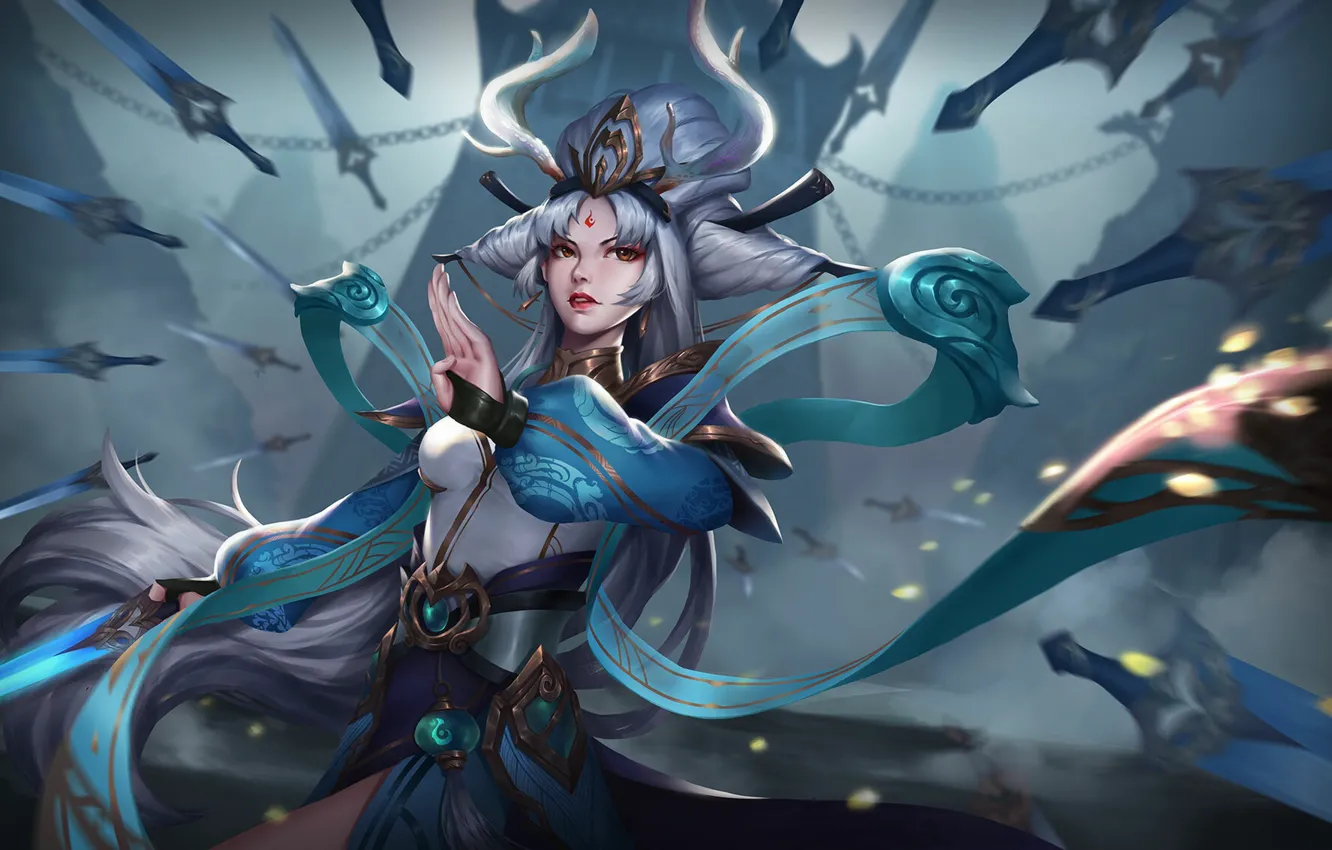 Photo wallpaper girl, style, fiction, sword, blade, dress, warrior, art