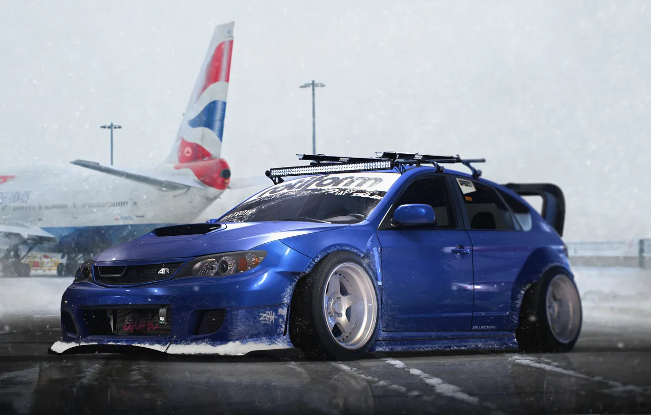 Photo wallpaper Subaru, Impreza, WRX, Blue, STI, Snow, Stance