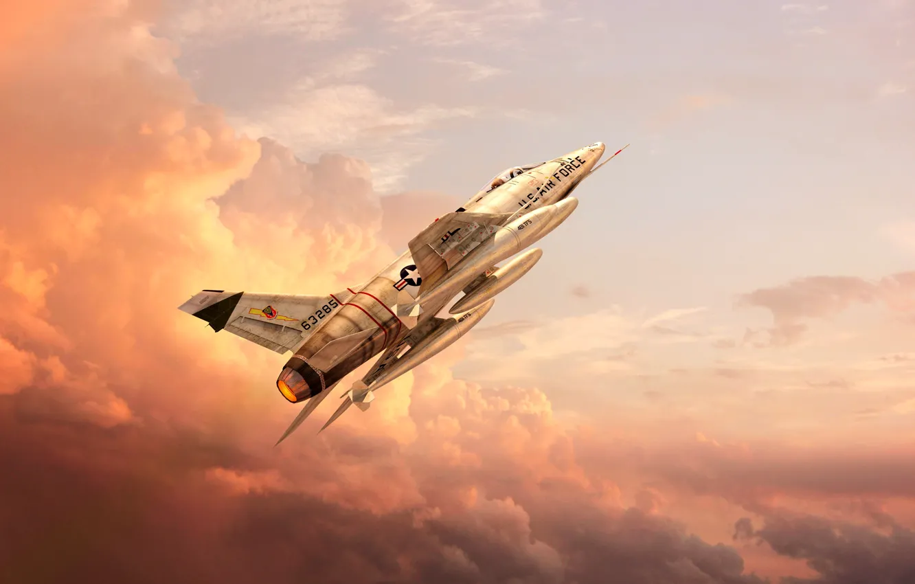 Photo wallpaper The sky, Clouds, The plane, Flight, Fighter, USA, BBC, The plane