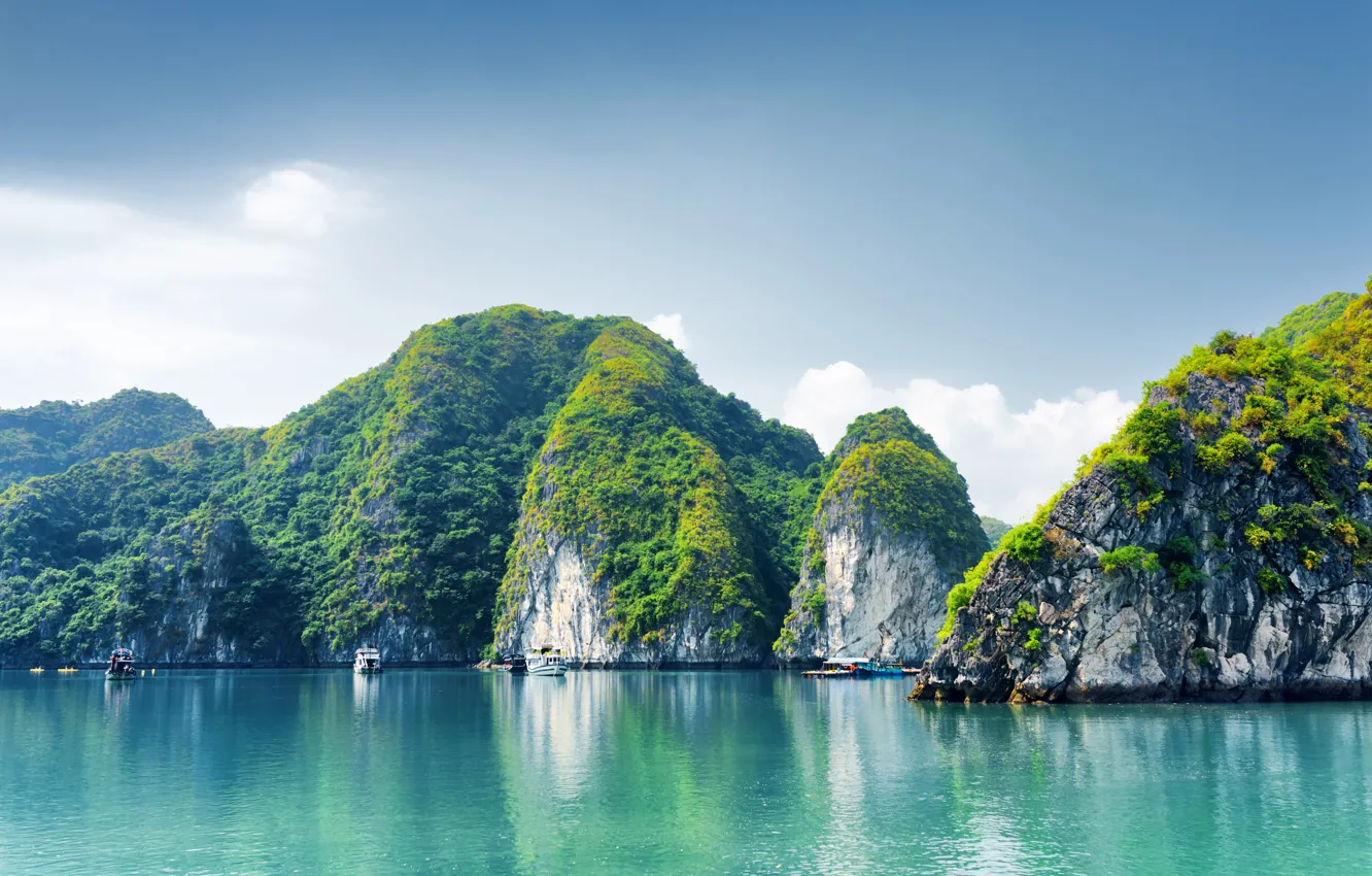 Photo wallpaper Nature, Rock, Boats, Vietnam, Halong Bay